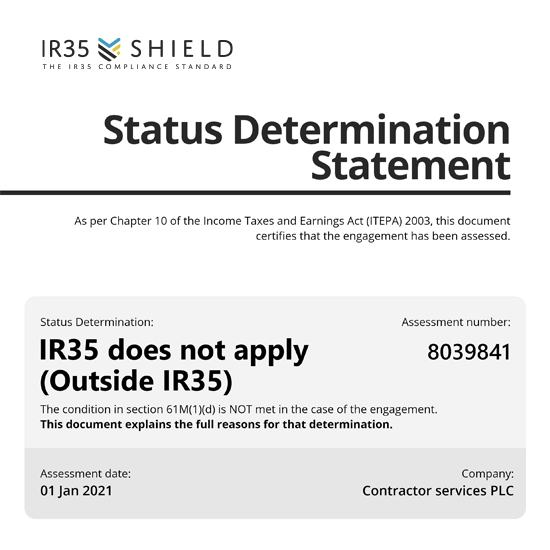 IR35 Shield Status Determination Statement IR35 Shield Status Determination Statement