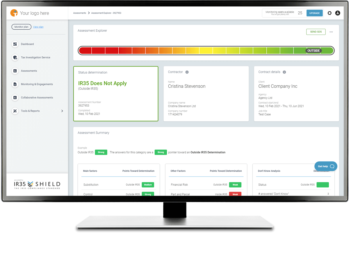 IR35 Shield reporting displayed on a monitor